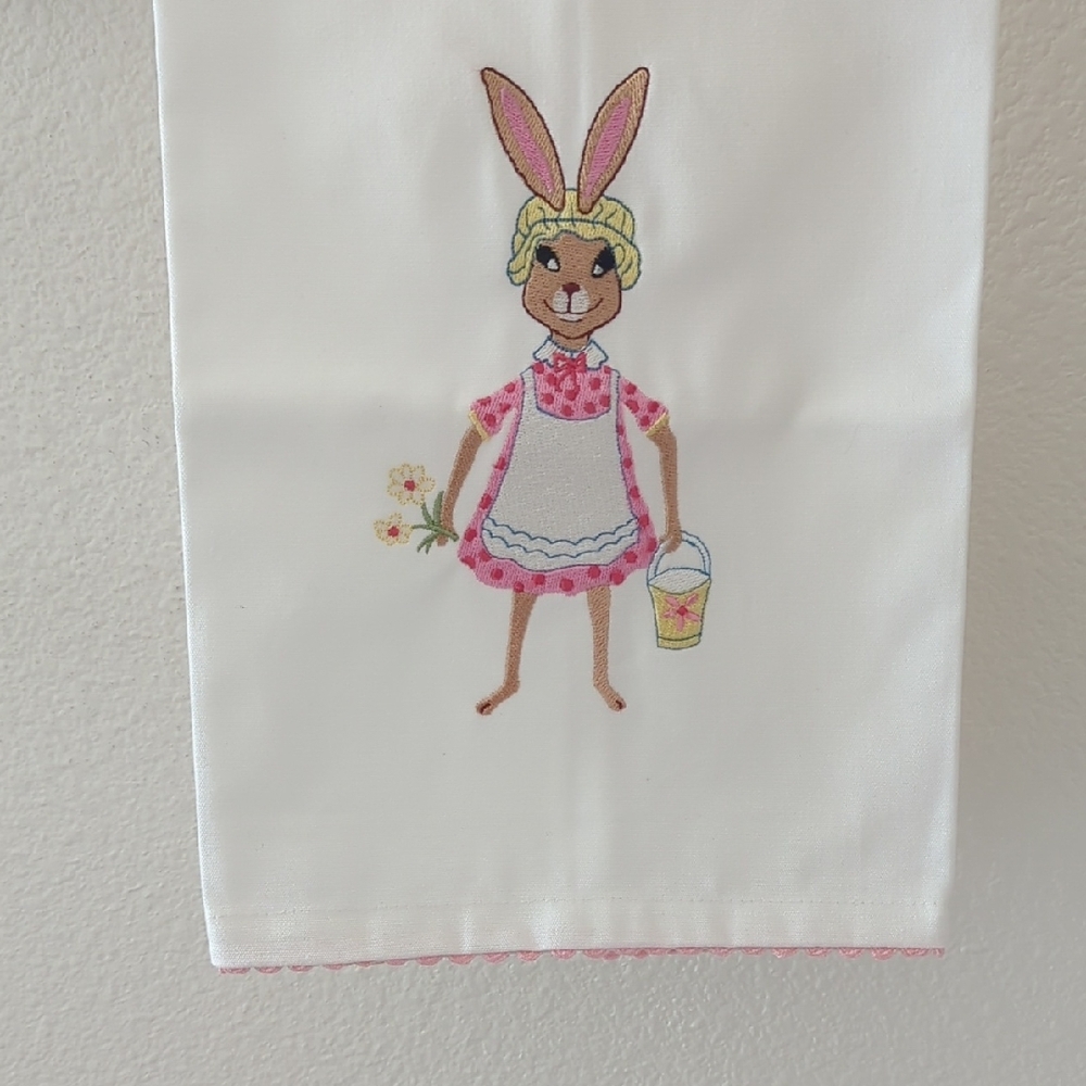 Pair of  White Cotton Kitchen Tea Towels  Embroidered  Bunny Design - Picture 4 of 10